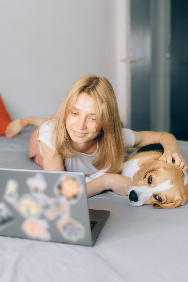 Woman Petting Her Dog And Looking At Her Laptop