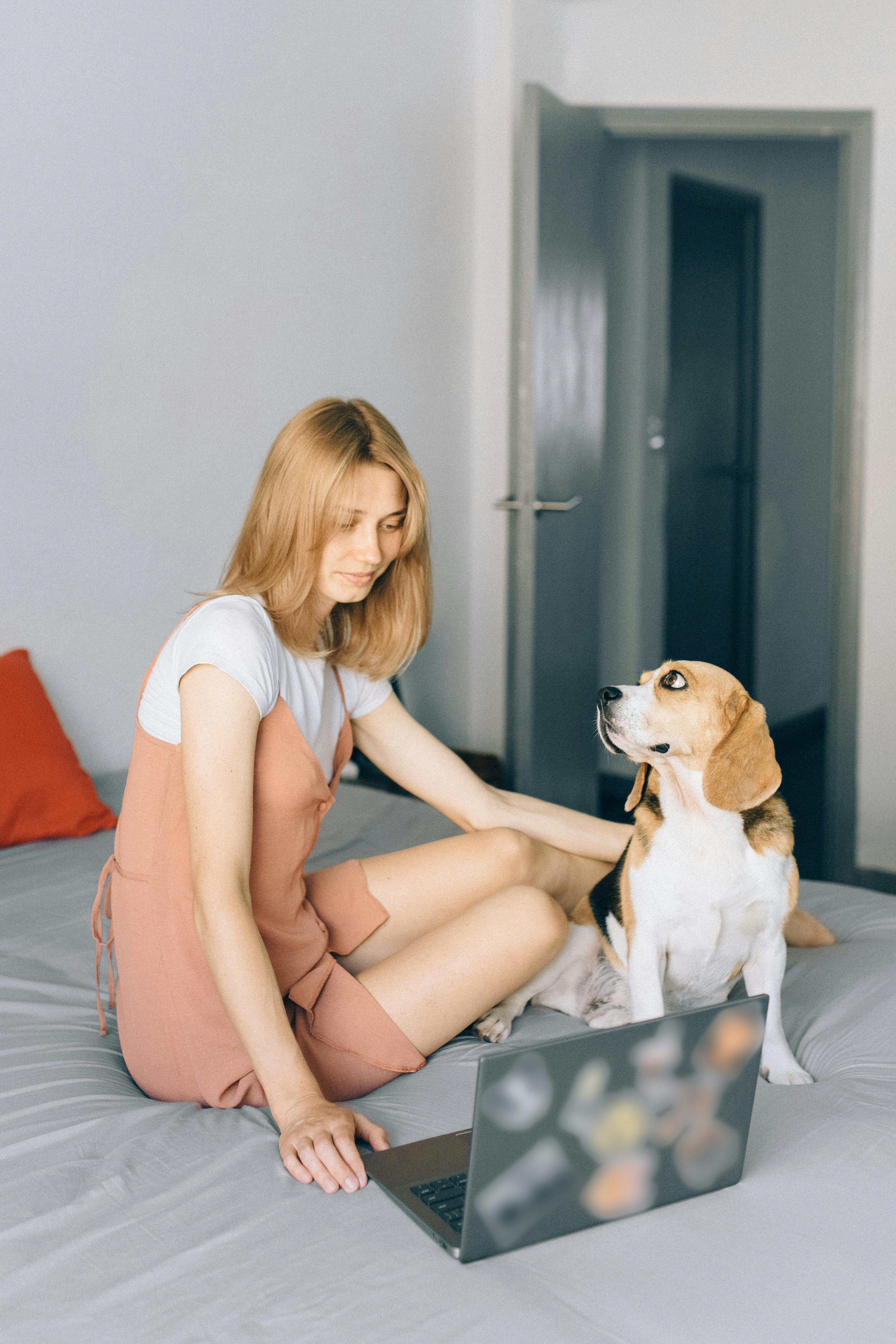 woman sitting in bed with her laptop and her dog