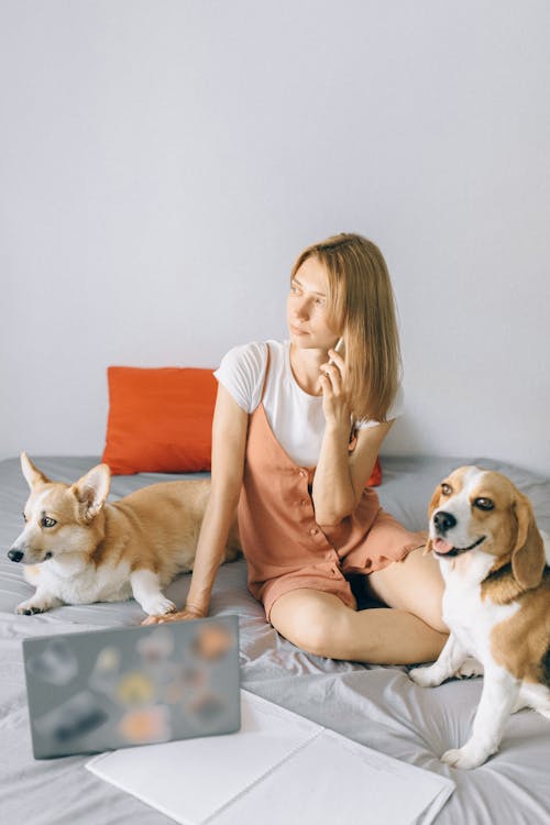 Woman Sitting in Bed with Her Dogs