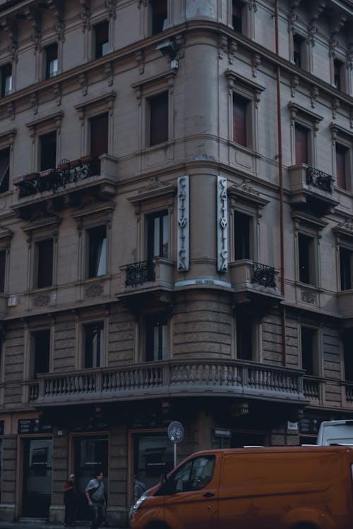 Facade of old building on street