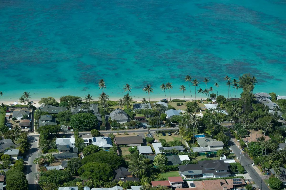 Aerial view of Kailua's turquoise coast and white-sand beach on Oahu