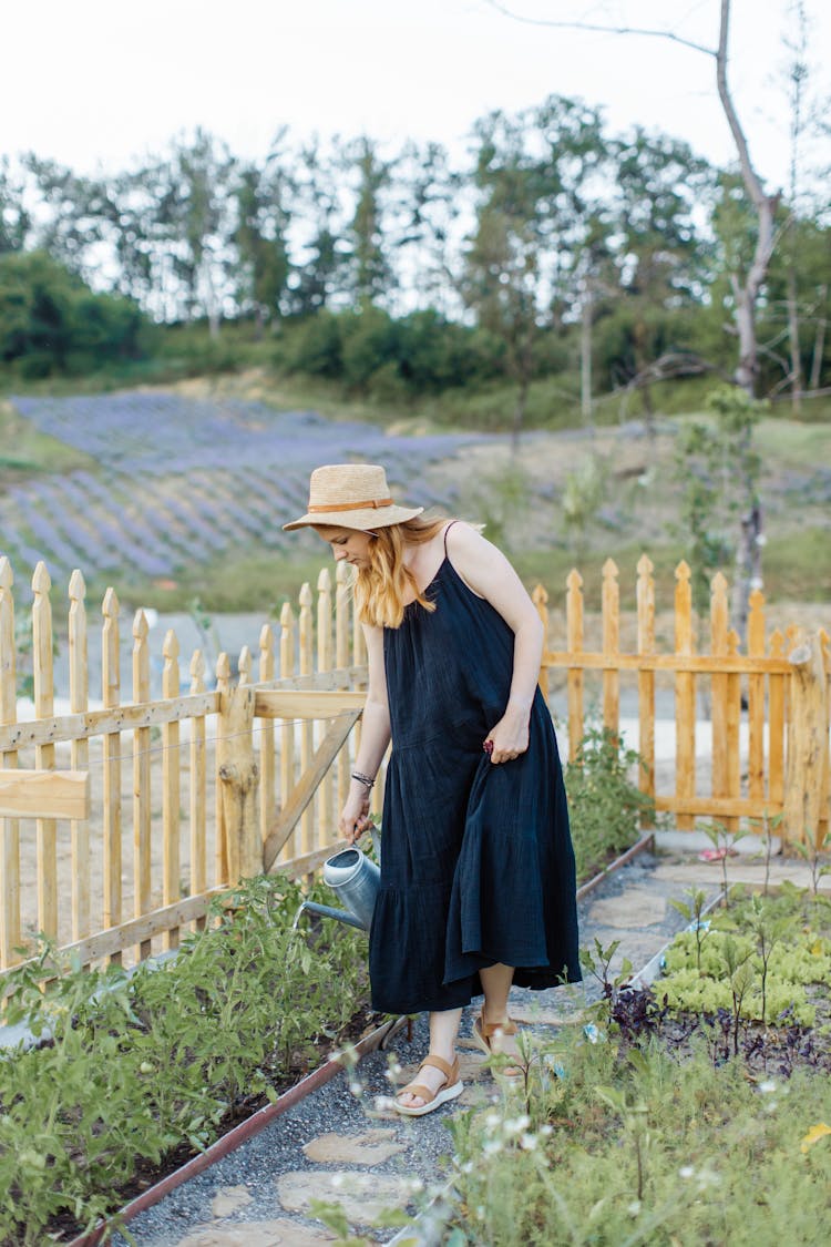 A Woman In Black Dress With Sun Hat Watering Plants In The Backyard