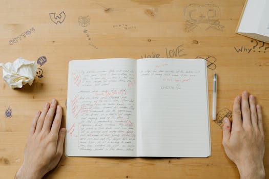 Close-up of a notebook with handwritten notes and drawings on a wooden desk.