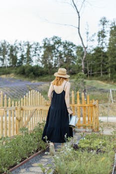 Woman in Black Dress Walking in a Garden with the Quote "Whenever you find yourself on the side of the majority, it is time to pause and reflect." written on it and have average color value #9C9E8C