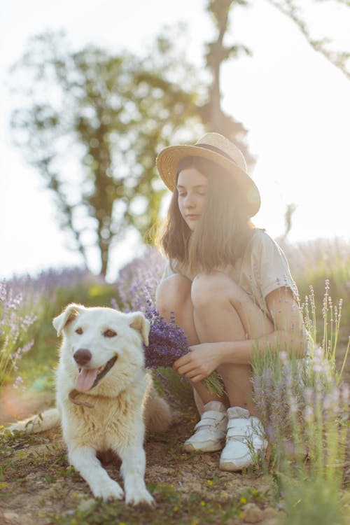 A Young Girl Sitting on a Flower Field Beside Her Dog