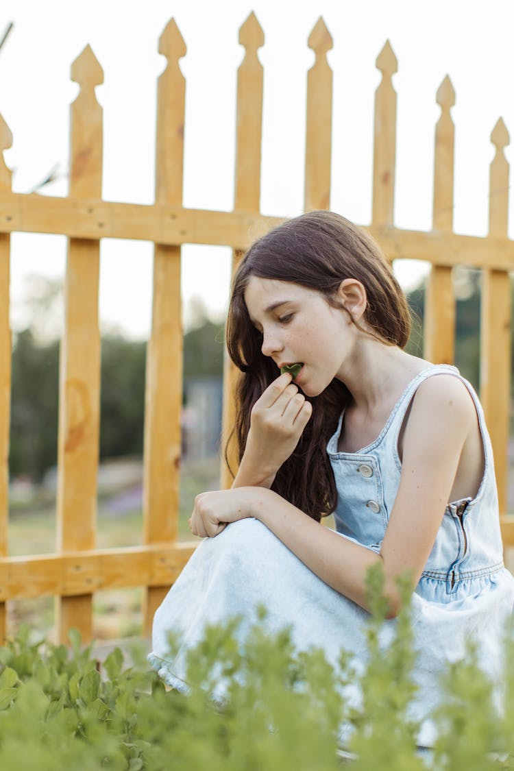 A Young Girl Sitting Near A Wooden Fence While Eating Leaf Vegetables