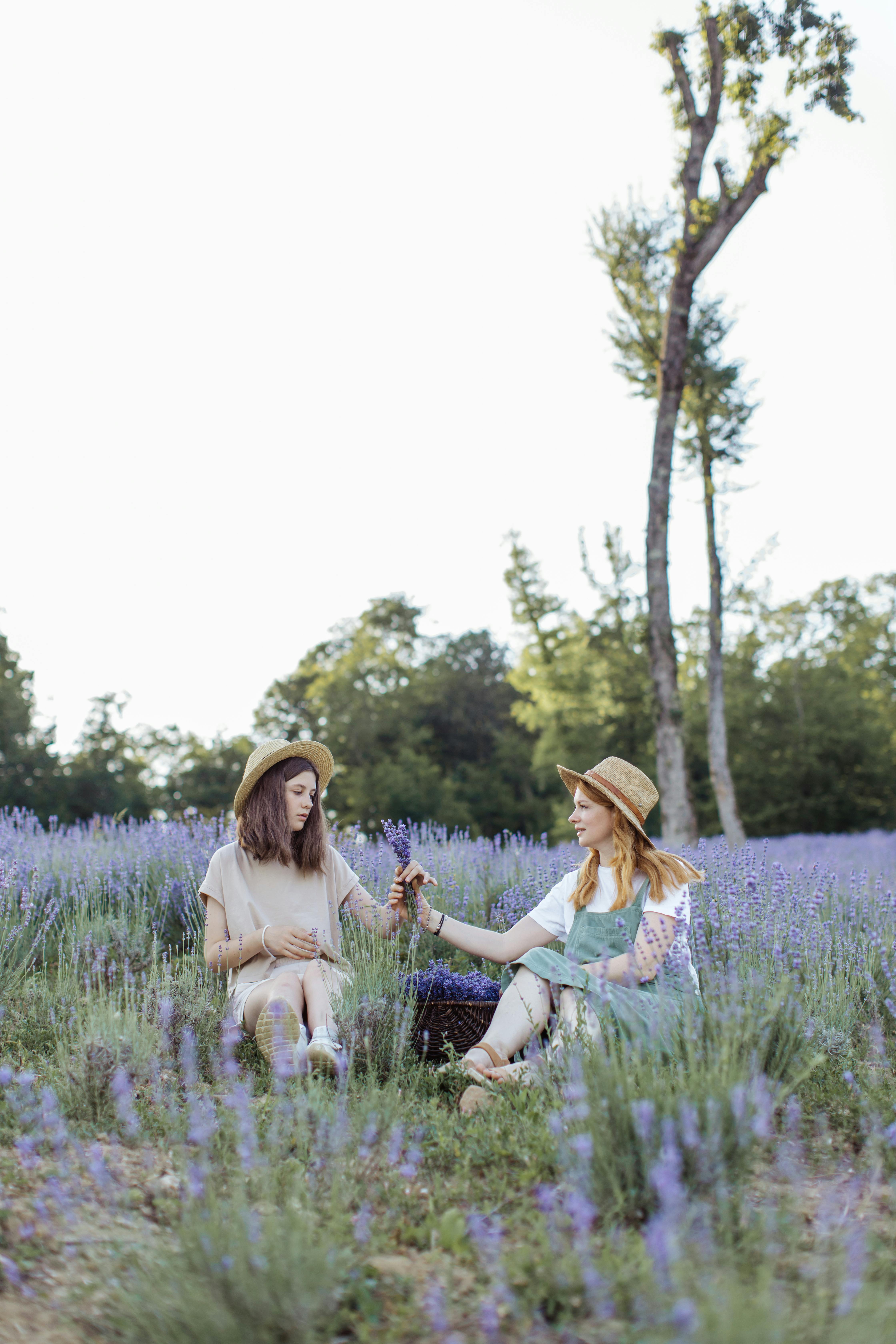 两名年轻女子戴着帽子，坐在薰衣草田里，享受着平静的时刻