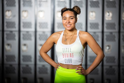 Smiling woman in gym locker room wearing white tank top and neon workout leggings.