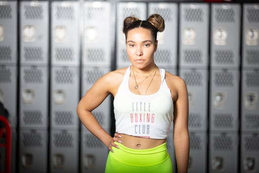 Focused woman stands in gym locker room wearing sporty attire, ready for workout.