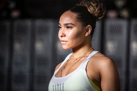 Portrait of a confident woman wearing a white tank top, standing in a gym with a blurred background.