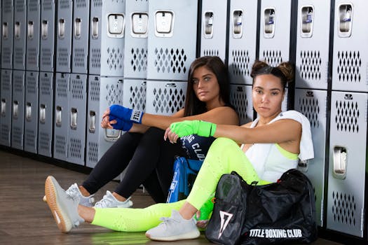 Two women in gym attire resting by lockers, showcasing strength and focus.