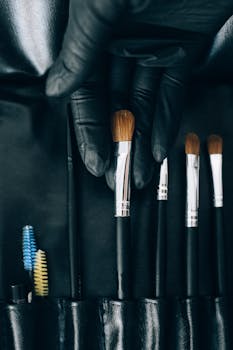Close-up of professional makeup brushes set in a leather case, perfect for beauty and cosmetic projects.