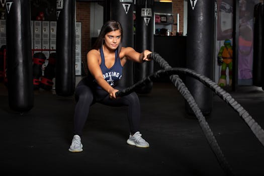 Female athlete working out with battle ropes in a modern gym setting.