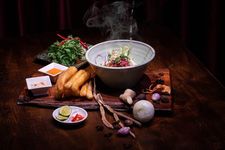 Variety Of Ingredients On Wooden Table