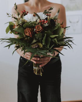 Faceless topless female in black pants demonstrating bouquet of roses and chrysanthemums tied with thread against white wall