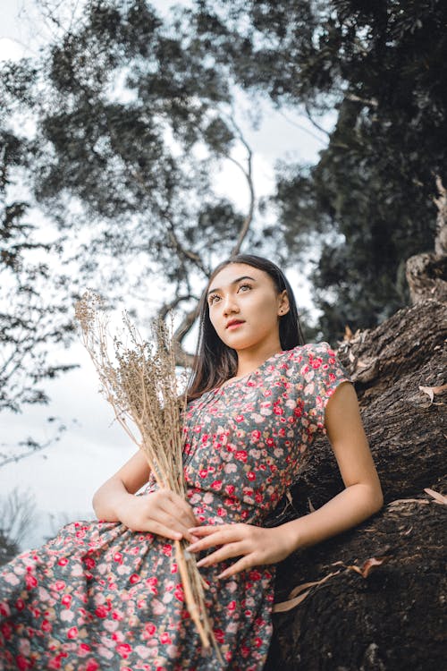 Dreamy young ethnic lady leaning on tree and looking away while relaxing in nature