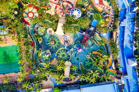 Colorful aerial shot of a water park in Banten, Indonesia, showcasing vibrant design and lush greenery.