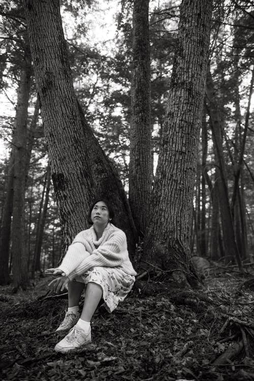 Black and white of Asian lady in trendy clothes sitting under old trees and looking up
