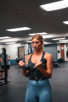 Woman performing bicep curls with dumbbells in a well-lit gym environment.