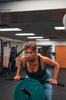 Focused woman lifting weights in a gym, showcasing strength and determination.