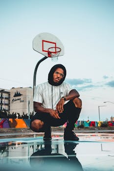 Athletic man in sportswear posing on an outdoor basketball court at sunset.
