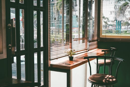 Two Steel Framed Bar Stools In Front Of Window With Blinds