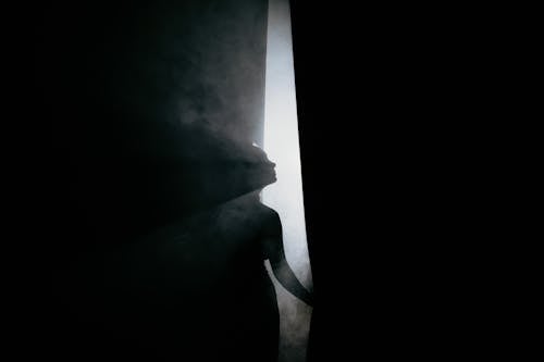 Silhouette of Woman Standing Behind a Curtain