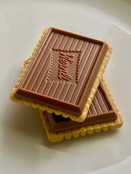 Delicious chocolate-covered biscuits stacked on a plate, perfect for snack time.