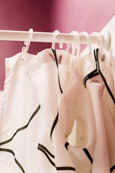 Close-up of a white shower curtain with black lines, hanging in a bathroom.