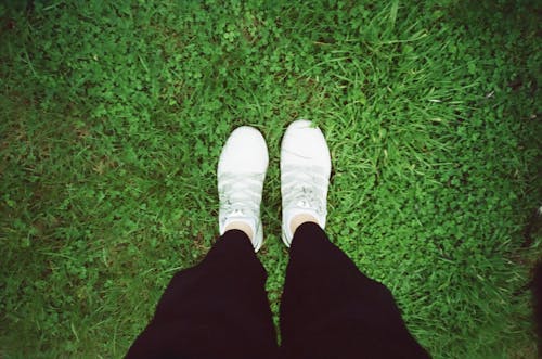 Free A Photo of a Person Wearing White Shoes Standing in Green Grass Stock Photo