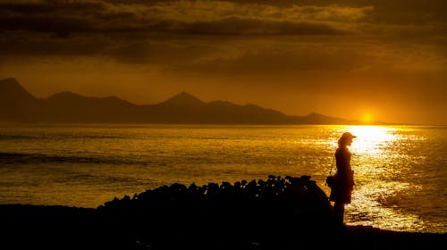 Silhouette of a Woman Standing Near Body of Water during Sunset