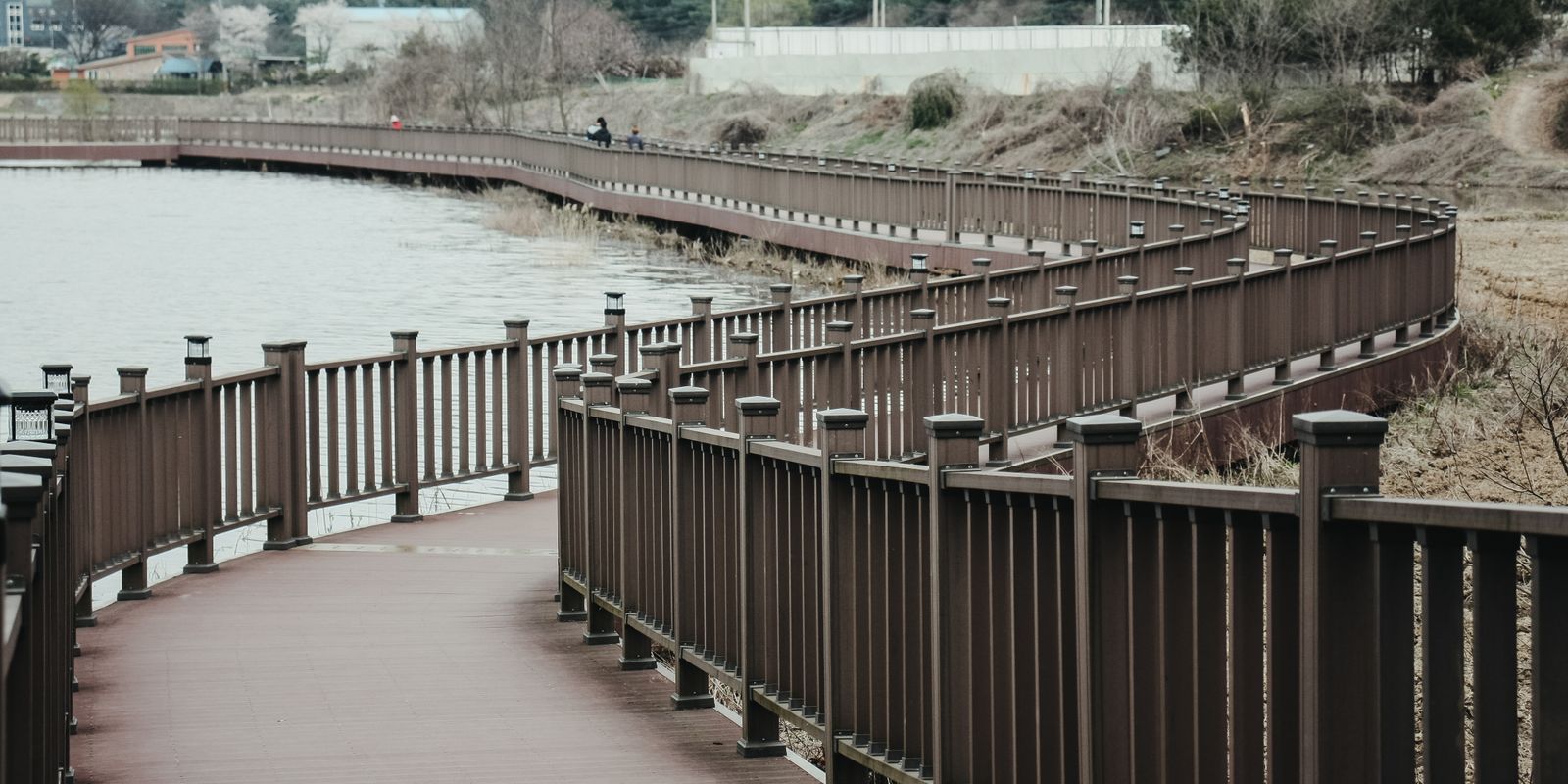 A wooden boardwalk with railings winding along the water's edge