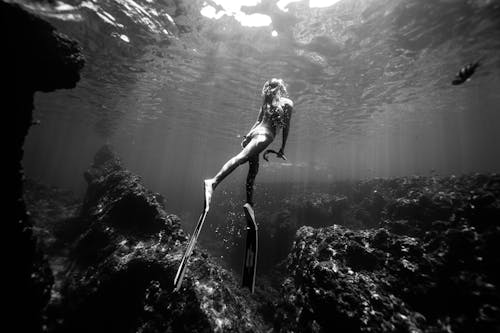 Free A Woman in Bikini Diving Near the Coral Reef Stock Photo