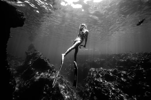 A Woman in Bikini Diving Near the Coral Reef