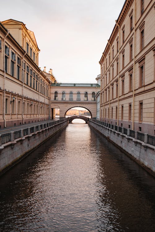 Rivière Entre Bâtiment En Béton Brun