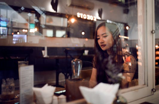 Woman enjoying a quiet moment in a café, captured through glass reflections, adds a serene atmosphere.