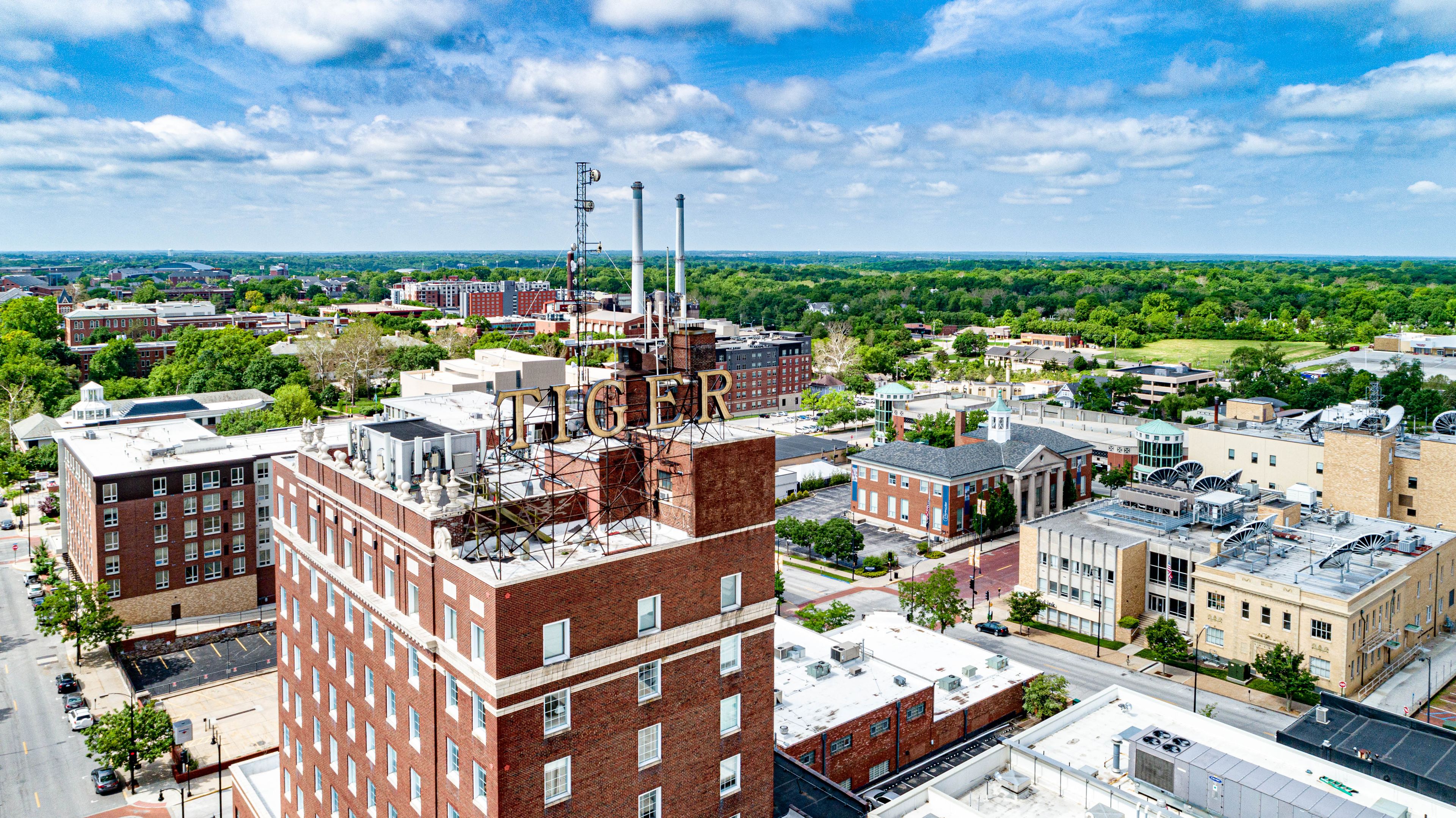 Columbia: The Tiger Hotel and downtown Columbia, Missouri, from above