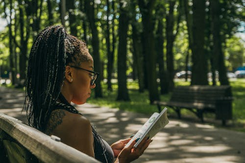 Free Woman with Braided Hair Reading a Book Stock Photo