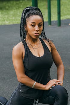 Athletic woman with braided hair stretching outdoors in black sports attire, focusing on fitness and wellness.