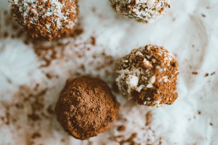 Chocolate Balls Coated With Cocoa Powder And Coconut