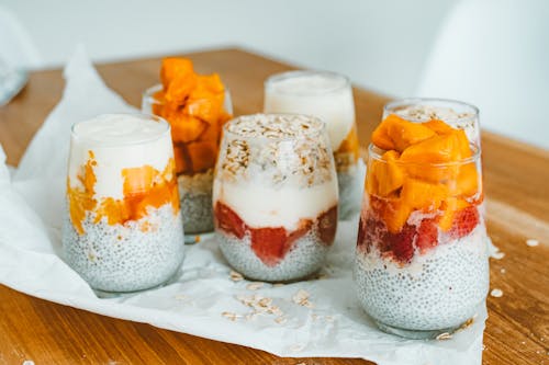 Free Chia Seeds and Yoghurt Cream on Clear Glasses Stock Photo