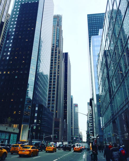 A Busy Road Between High Rise Buildings