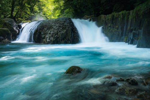 Long exposure of cascade of broad vibrant wild turquoise mountain river in lush green forest in daylight in summer