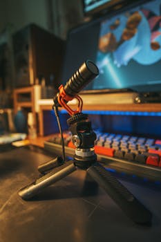 Close-up view of a professional microphone and tripod setup in a tech-savvy indoor studio environment.