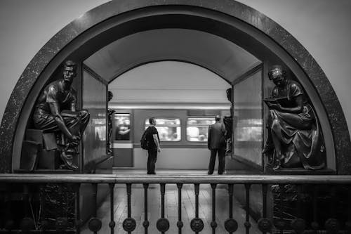 Grayscale Photo of the Ploshchad Revolyutsii at the Moscow Metro Station