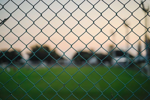 Close-up of a mesh wire fence with blurred green field and trees at sunset.