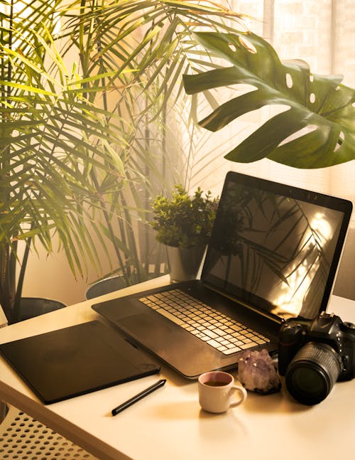 Black and Silver Laptop Beside a Camera on Wooden Table
