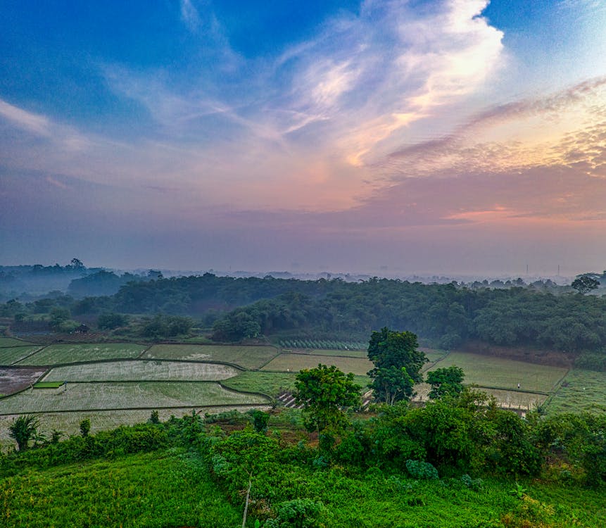 Aerial View of Farmland under Blue Sky with White Clouds during Sunset