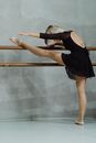 Anonymous ballerina warming up on barre in studio