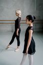 Asian ballerinas practicing movements in studio